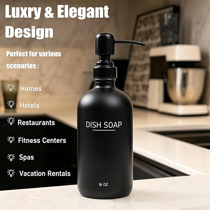 Black Glass Soap Dispenser with Stainless Steel Pump, Farmhouse Style Hand & Dish Soap Dispenser for Bathroom and Kitchen Sink, Soap Dispenser for Kitchen Sink (Black Pump d)