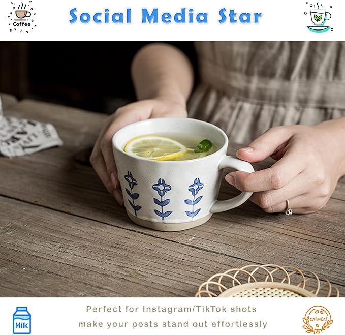 Ceramic Mugs for Men & Women, Unique Microwave & Dishwasher Safe Tea/Coffee Rustic Stoneware Cups for Office & Home (Blue Floral Mug)