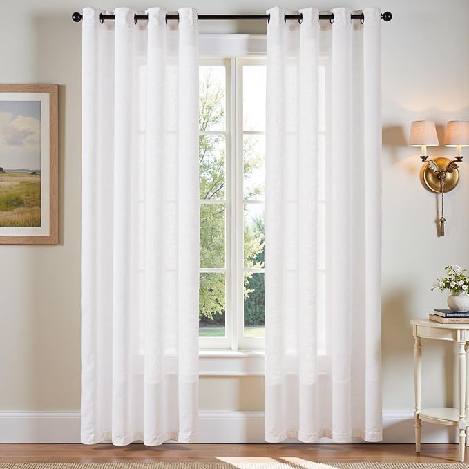 jinchan White Linen Blend Curtains for Living Room 84 Inch Length 2 Panels Set Semi Sheer Light Filtering Grommet Curtains for Bedroom Light Weight Soft Window Grommet Drapes Cream 50W x 84L Inch