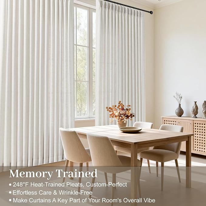 Pinch Pleated Linen Curtains 90 Inches Long 2 Panels for Living Room, Light Filtering Semi Sheer Curtain Pleated Back Tab Memory Trained Drapes with Hooks Rings for Bedroom, 40x90, Beige White