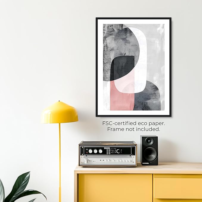 Moonow7 Neutral Geometric Wall Art Prints, Blush Grey and White Poster for Living Room, Bedroom, Entryway, and Office Decor, Small Modern Aesthetic Style, Unframed Size A4 8x12 / 21x29.7 cm