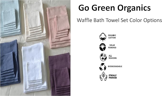 Bath Towel Set Waffle Organic Cotton GOTS Certified Blue Mist Super ABSORBANT & Quick Dry NO SOFTENERS Environment Friendly1xBATH 58x30.5, 2xHAND 29x20, 4xFACE 12x12INCH