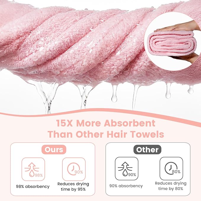 Microfiber Hair Towel Wrap for Women, Large Fast Drying Hair Towel Turban, Double Stitched Edges & Stay in Place No Slip Design for Curly Long Wet Hair(Pink/Blue)