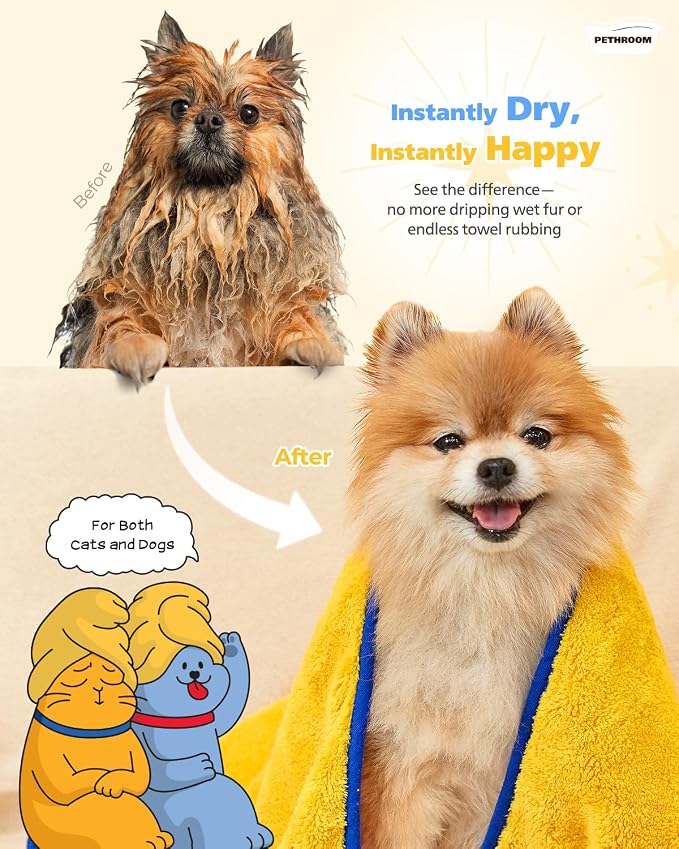 PETHROOM Ultra Absorbent Pet Towel | Quick-Drying, Soft Microfiber Dog & Cat Bath Towel | Lightweight, Durable, Fast Water-Soaking | Ideal for All Breeds (Medium) 15.7" x 31.5" (Pack of 2)