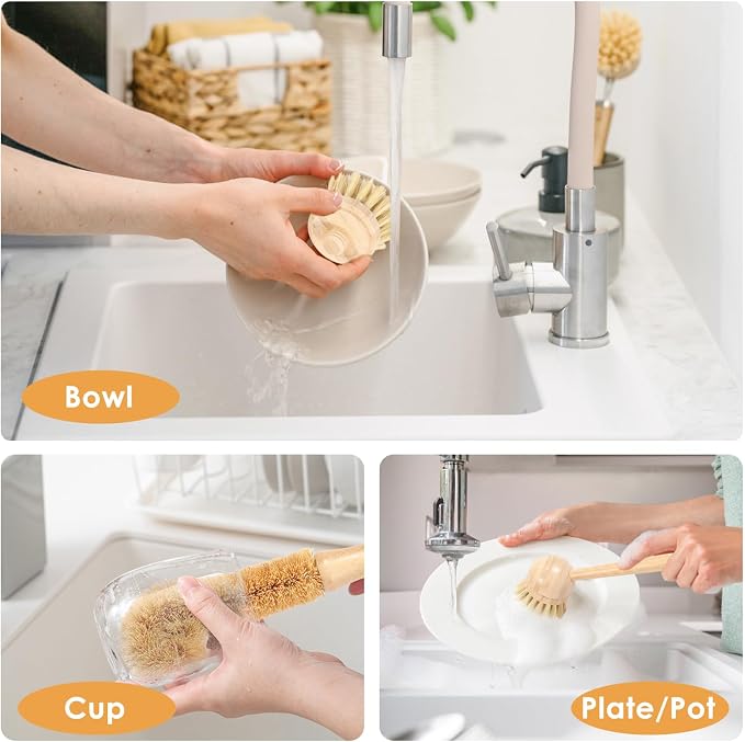 Bamboo Dish Brush Set of 3, Dish Brush Natural Bamboo Dish Scrub Brush Set with Handle, Wooden Dish Scrubber Kitchen Brush Set with Natural Bristles for Kitchen Cleaning Dish, Bottle, Pots, Pans