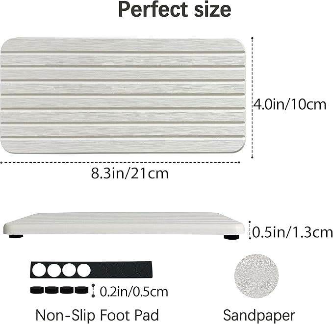 2-Pack Diatomite Soap Tray, Fast-Drying Water Absorbing Stone Tray for Bathroom & Kitchen Sink Counter, Anti-Skid Vanity Tray with Feet, White 8.3" x 4.0"