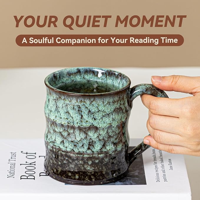 Unique Reactive Glaze Ceramic Coffee Mug - 15 oz Large Coffee Cup with Ergonomic Large Handle, Forest Green Ceramic Mug for Office & Home, Great Birthday Gift for Women, Men & Friends