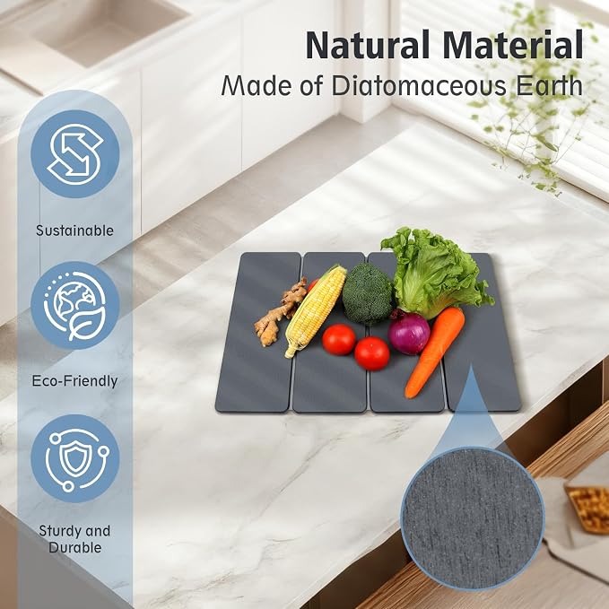 Large Stone Drying Mats for Kitchen Counter, Quick Dry Stone Dish Drying Mat 24"(L)×16"(W), Foldable Absorbent Diatomaceous Pad for Dish Rack, Plates, Cups, Pans
