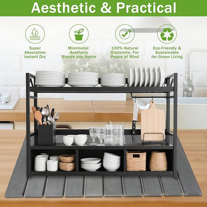 Diatomaceous Earth Dish Drying Mat - Large Quick Drying Stone Mat for Kitchen Counter & Sink, 23.2"x15.4" Absorbent Non-Slip Drying Pad for Dishes, Fast Drain Gray Diatomite Tray with Rounded Corners