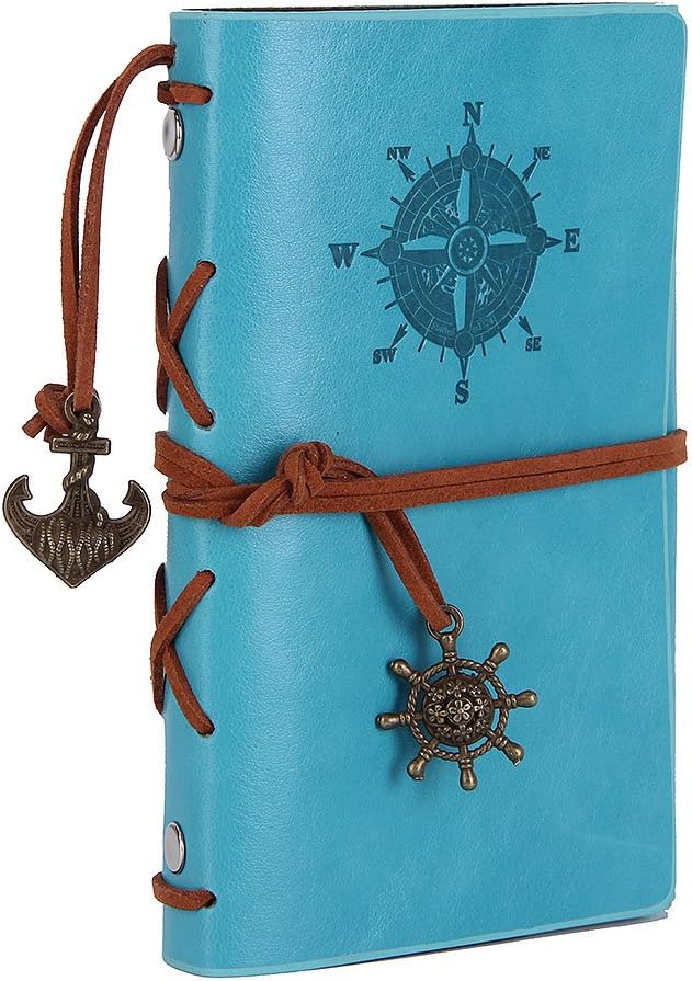 EvZ Retro Sky Blue Leather Journal - 5" Refillable Vintage Nautical Notebook with Anchor & Rudder Pendants - Small Spiral Blank Sketchbook for Travel, Dream Journaling & Art - Classic Embossed Diary, Pastel Blue