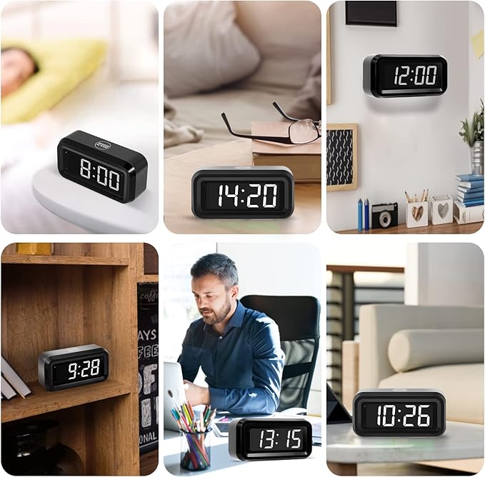 Digital Alarm Clock Battery Operated with LED Display for Bedrooms, Long Battery Life for 12 Months, 3 Brightness Adjustable, 12/24 Hour, Snooze, Black Case with White Digits