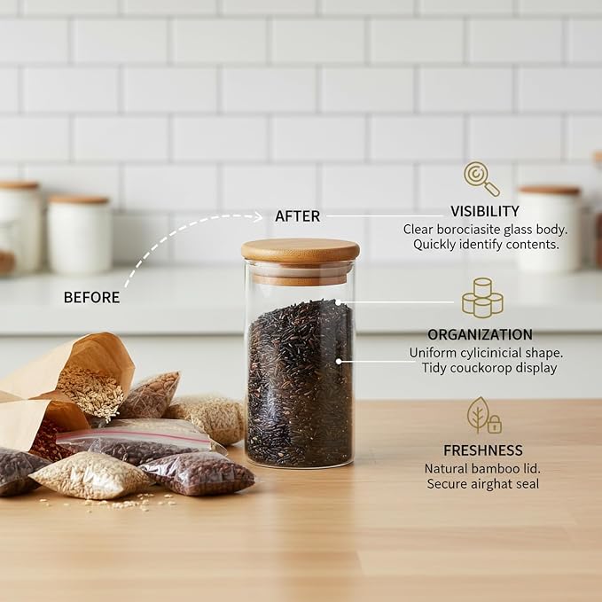Borosilicate Glass Storage Jar with Bamboo Lid, Airtight Dry Food Canister for Kitchen Pantry & Countertop Organization