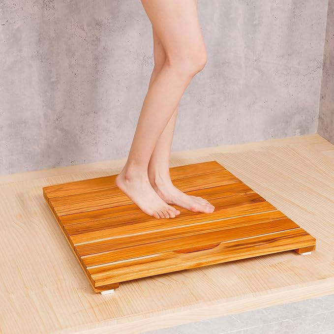 NNN 24" x 24" Teak Shower Mat – Handcrafted, Marine-Grade Reinforced, Supports Up to 400 lbs, Indonesian Teak.