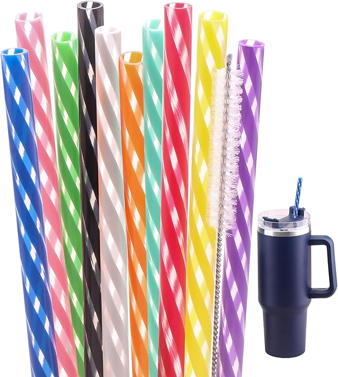 Dakoufish 12 Inch 10 Color Replacement Reusable Drinking Straw for Stanley 40 oz 30 oz 24 oz Tumbler,Dishwasher Safe Plastic Straws for Stanley Cup Accessories,Set of 10 with Cleaning Brush