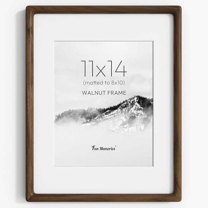 11x14 Picture Frame, USA-Sourced Walnut Wood Picture Frame, 11 x 14 Photo Frame with High Tempered Glass, 11 by 14 Wooden Frame Matted to 8x10 Photo Wall Mounted, Walnut Color, 1 Pack