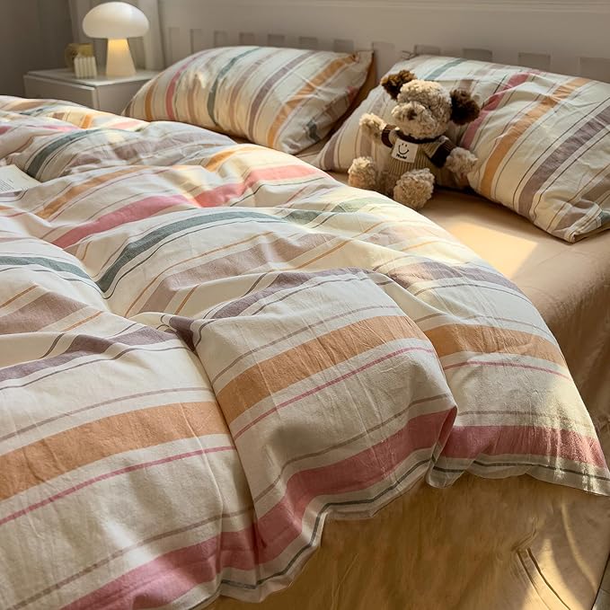 mixinni Vintage Striped Duvet Cover Set King, 3-Piece 100% Washed Cotton Bedding Set - Soft & Breathable Colorful Comforter Cover with Zipper, All-Season Lightweight Bed Set for Cozy Home