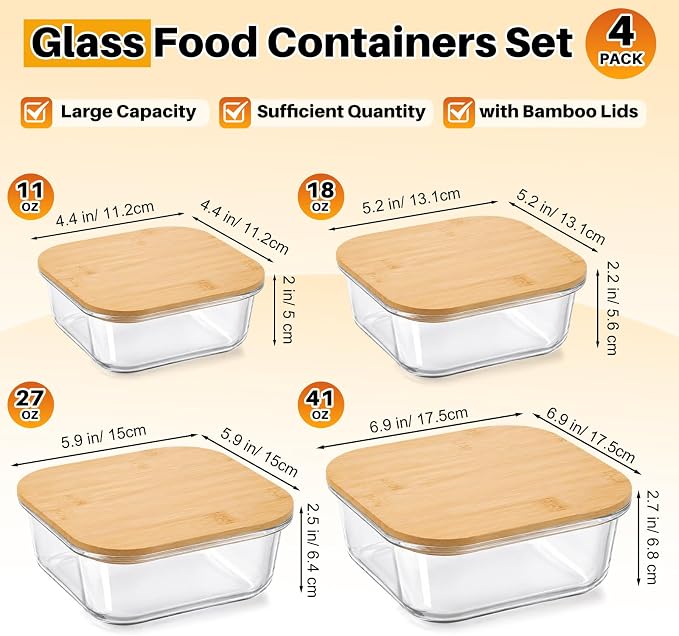 Blushtier 4 Pack 41/27/ 18/11 oz Borosilicate Glass Food Containers with Bamboo Lids, Stackable Glass Bowls for Meal Prep & Lunch, Microwave, Freezer and Dishwasher Safe