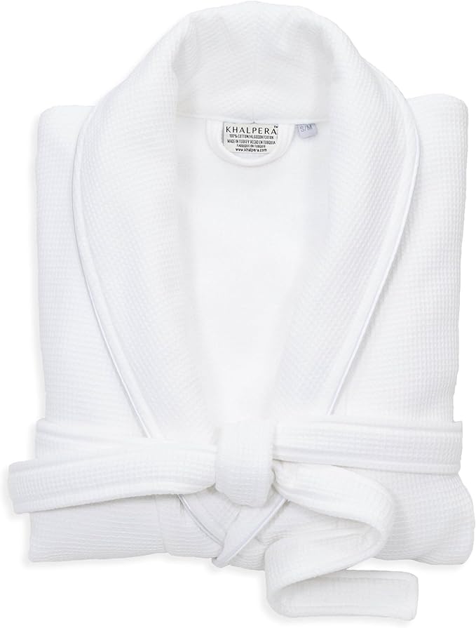 Luxury Turkish Cotton Bathrobe for Women & Men, Waffle Terry Shawl Collar Spa Robe with Satin Trim & Pockets
