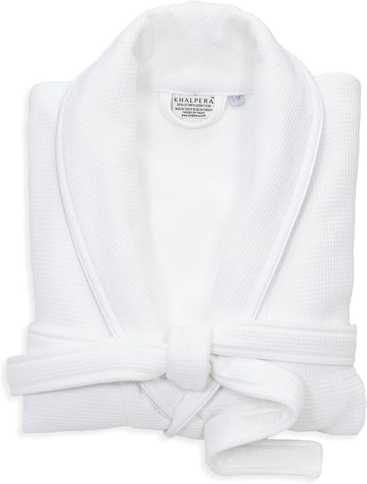 Luxury Turkish Cotton Bathrobe for Women & Men, Waffle Terry Shawl Collar Spa Robe with Satin Trim & Pockets