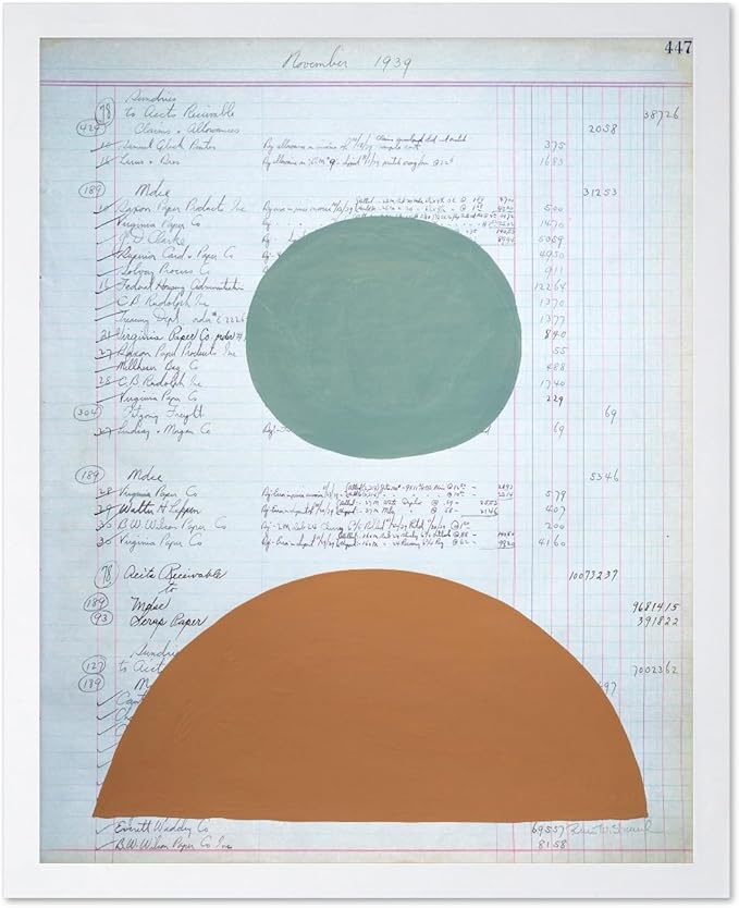 Monem Art Vintage Ledger Abstract Geometric Print - Modernist Teal and Ochre Art Poster - Wall Decor for Office, Living Room or Studio - 12x16 White Framed Wall Art by Renee Stramel