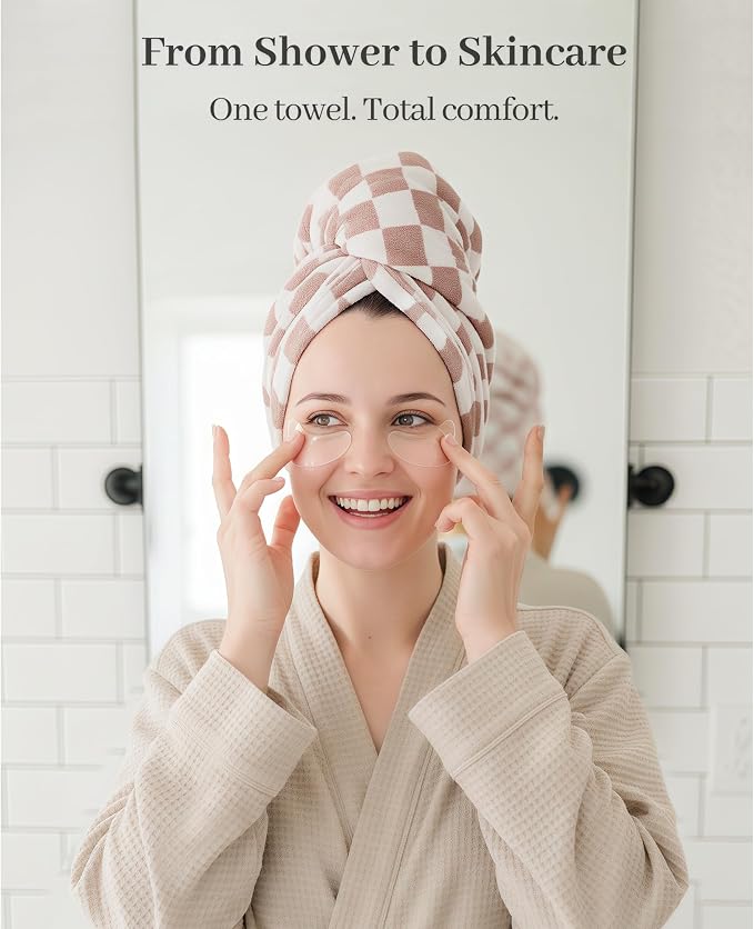ROLSHOL Cotton Hair Towel Wrap for Women, 2 Pack 100% Cotton Hair Drying Towels for Long, Thick & Curly Hair, 32" x 11" Large Hair Turban for Wet Hair with Elastic Band (Checkered Pattern)