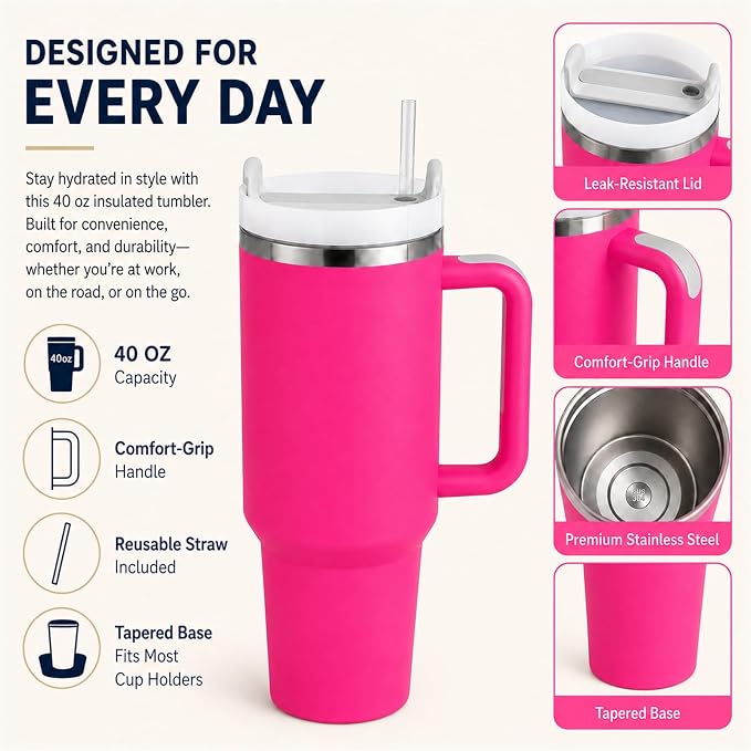 Pandance 4 Pack 40 oz Tumbler with Handle and Straw Bulk, Rose | Stainless Steel Vacuum Insulated Travel Mug, Sturdy Screw-on lid, Cup Holder Friendly, Large Capacity Cup For Iced Coffee