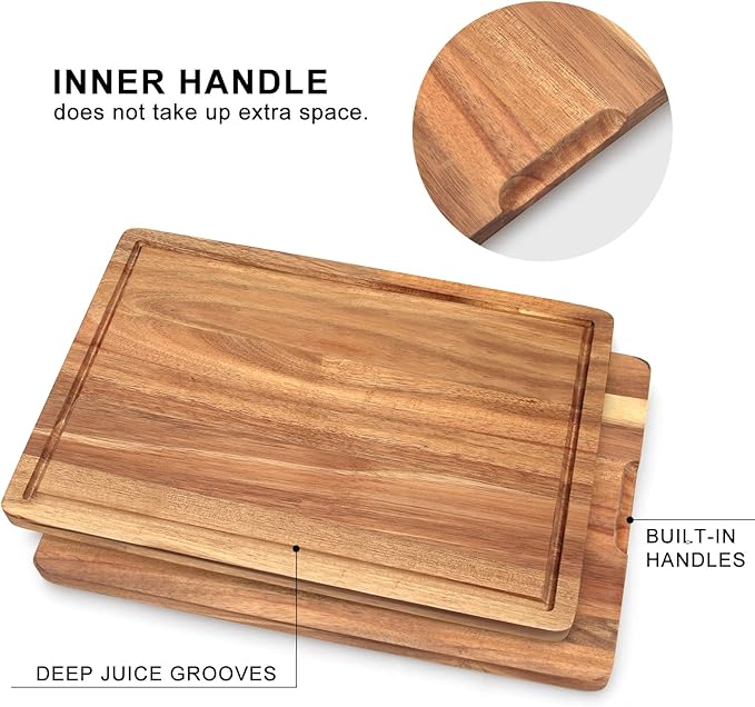 3 Pcs Acacia Wood Cutting Board Set with Holder Stand Meat Chopping Board Set Large Charcuterie Boards Solid Wooden Cutting Boards for Kitchen Decor Carving Butcher Block Bread Serving Cheese Board