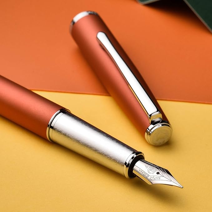 Hongdian 920 Orange Metal Fountain Pen, Iridium Extra Fine Nib Classic Pen, Includes Refillable Converter and Pen Pouch