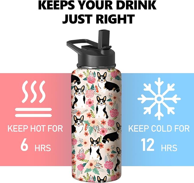 32oz Corgi Water Bottle with Handle and Flip Straw, Dog Animal Sports Stainless Steel Insulated Cup Travel Coffee Mug Tumbler, Birthday Mothers Day Chritmas Gifts for Women