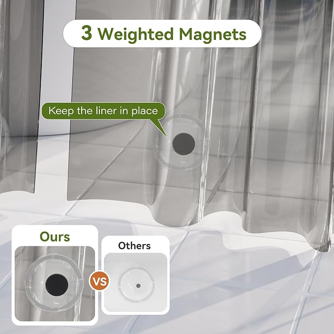 Clear Black Shower Curtain Liner 72x72, 2 Pack Lightweight Plastic Shower Liner PEVA 72 x 72 Waterproof Shower Curtains for Bathroom with 3 Strong Magnets and Rustproof Grommets