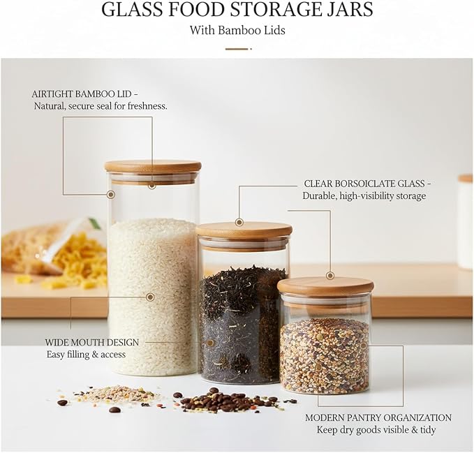 Borosilicate Glass Storage Jars with Bamboo Lids, Clear Kitchen Canisters for Pantry Organization of Dry Goods, Coffee, Tea, and Grains