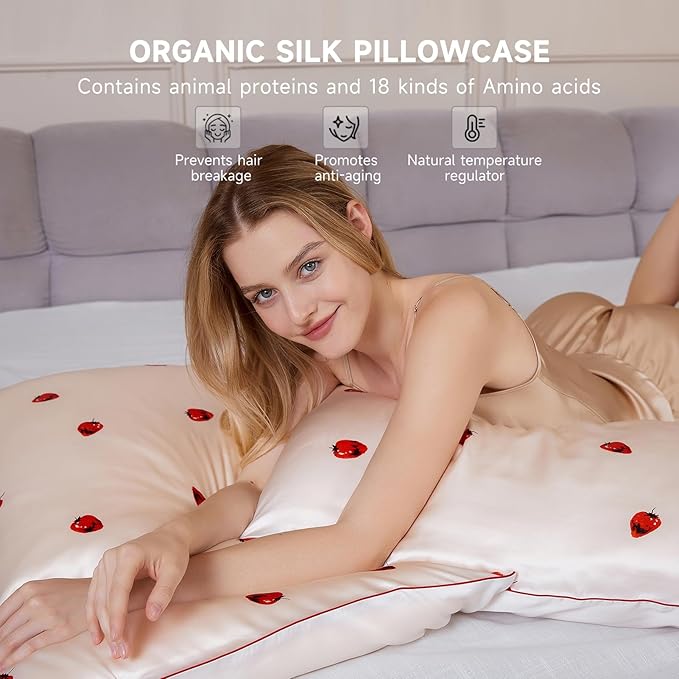 THXSILK Natural Mulberry Silk Pillowcase Hypoallergenic Zipper Pillow Case - Grade 6A+ Mulberry Real Silk Pillowcase Organic Silk Pillow Cover, 1PC (White Strawberry, Queen Size 20"x30")