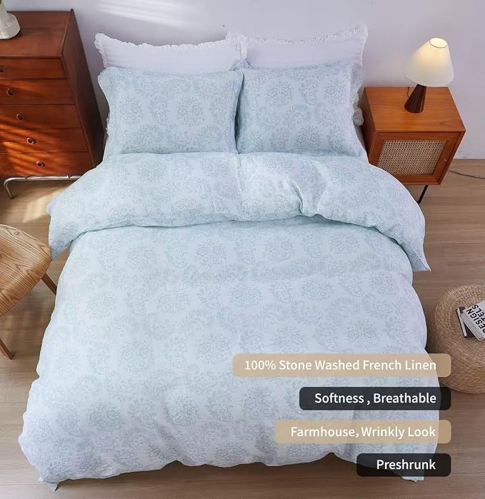 100% French Flax Linen Duvet Cover Set Queen Size, 3pcs Digital Botanical Printed Paisley Floral Bedding Comforter with Button Closure and 8 Corner Ties, Vintage Country Style(Paisley, Queen)