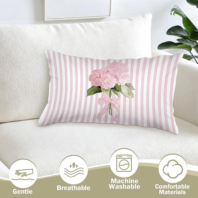 Cottagecore Pink Hydrangea Floral 12x20 Pillow Cover, Preppy Girly Bow Botanical Flower Pink Striped Decorative Lumbar Pillow Cover for Girls Room Dorm Bedroom Living Room Home
