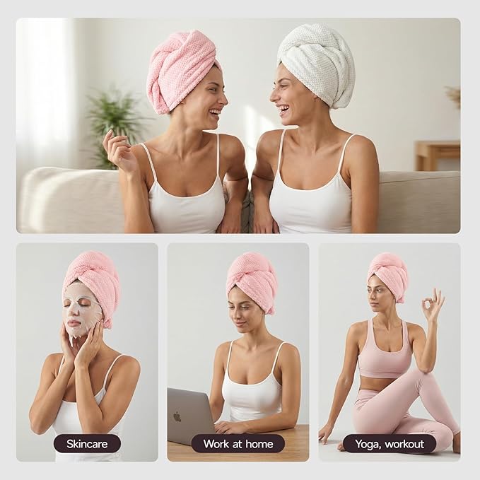 REDKISS Microfiber Hair Towel Wrap for Women, Double Sided Hair Towels with Elastic Strap, Super Absorbent Quick Dry Hair Drying Towel for Long, Thick, Curly Hair, Anti-Frizz Turban (Pink & White)