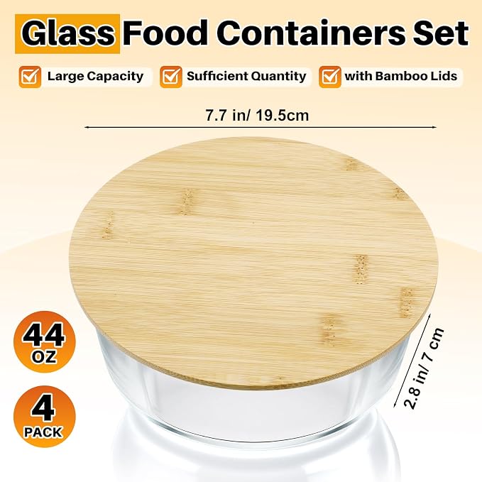 Blushtier 4 Pack 44 oz Borosilicate Glass Food Containers with Bamboo Lids, Stackable Glass Bowls for Meal Prep & Lunch, Microwave, Freezer and Dishwasher Safe