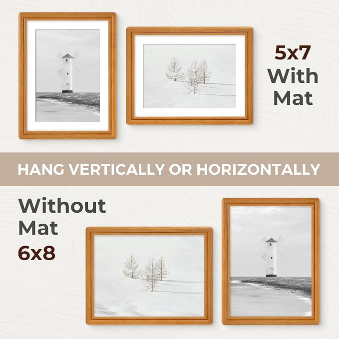 6x8 Picture Frame with Mat for 5x7, USA-Sourced Natural Teak Wood Handcrafted Rounded Corner with HD Tempered Glass, 6 x 8 Photo Frames Gallery Wall & Tabletop, Vertical or Horizontal Display