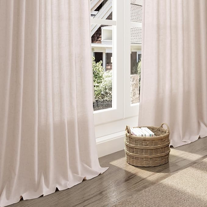 Nanspring Natural White Linen Curtains 102 Inches Long for Living Room Light Filtering Farmhouse Decor Curtains Back Tab Neutral Privacy Sheer Curtain for Bedroom Office 52x102, 2 Panels