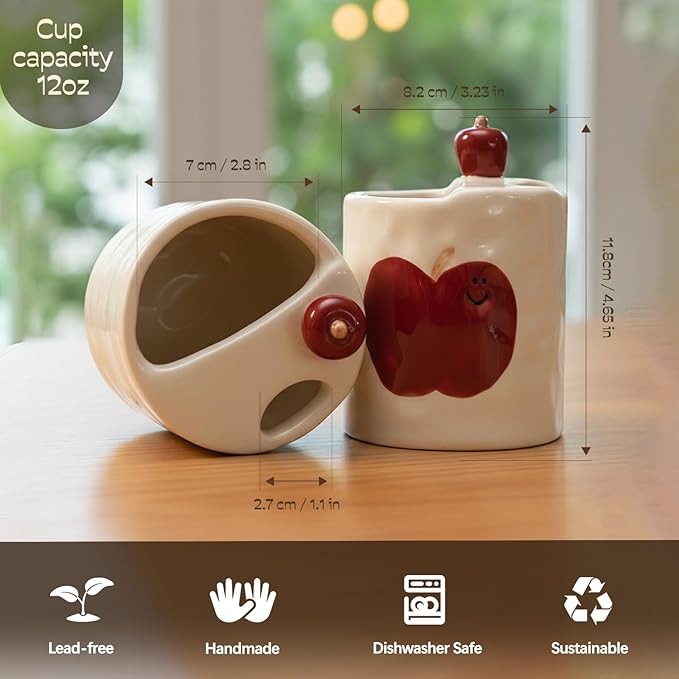 Ceramic Travel Mug with Half Lid, Apple Design Handmade Pottery Coffee Cup 12oz, Kawaii Reusable Coffee & Tea Tumbler, Microwave & Dishwasher Safe