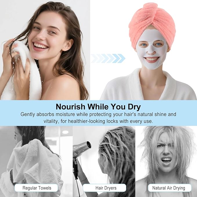 Microfiber Hair Drying Towel Wrap for Women, Hair Turbans Towel for Wet Hair,turbie Twist Hair Towels(The Color of the Picture is for Reference only) (Pink，Gray)