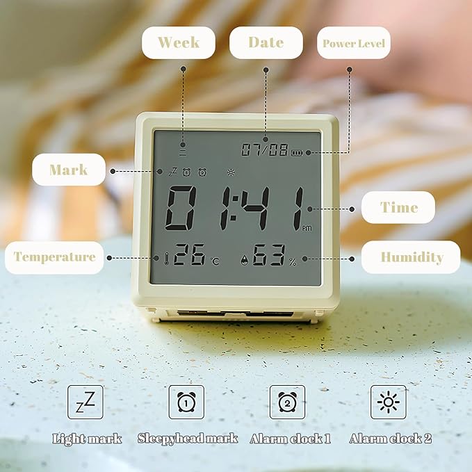 JUSTUP Digital Alarm Clock, Square Silent Alarm Clock with Night Light, Loud Alarm Clock for Heavy Sleepers with Date Temperature Display, Modern Decor Desk Clock Bedroom Office Room (Yellow)