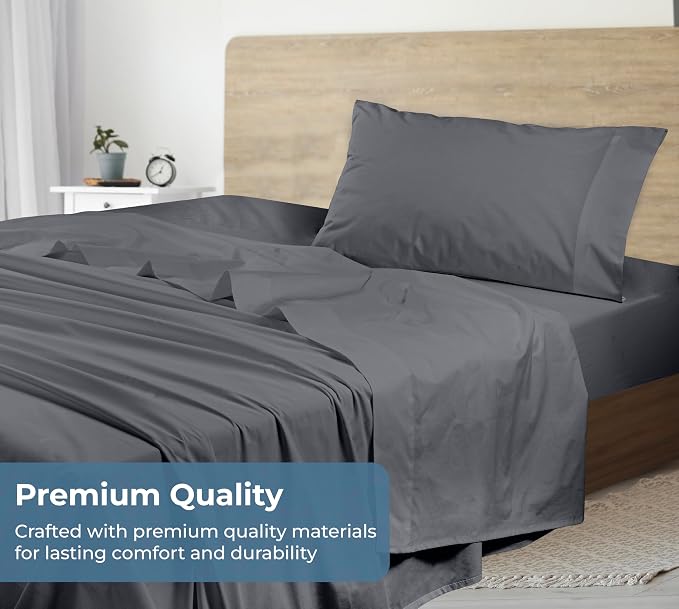 ROYALE LINENS 100% Organic Cotton Twin XL Sheet Set - Percale Weave - 3 Pieces Set - 1 Flat, 1 Deep Pocket Fitted Sheet and 1 Pillowcases - Grey Bed Sheets - Sábanas Twin XL - Crisp Cool (Grey)