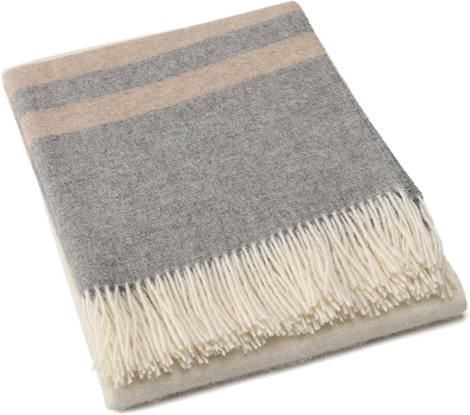 Superfine Alpaca Wool Throw Blanket - Lightweight Alpaca Merino Wool Throw Blankets | Soft Peruvian Alpaca Blanket Wool Blanket Striped Design 63" x 52" (Ivory/Soft Gray/Beige)