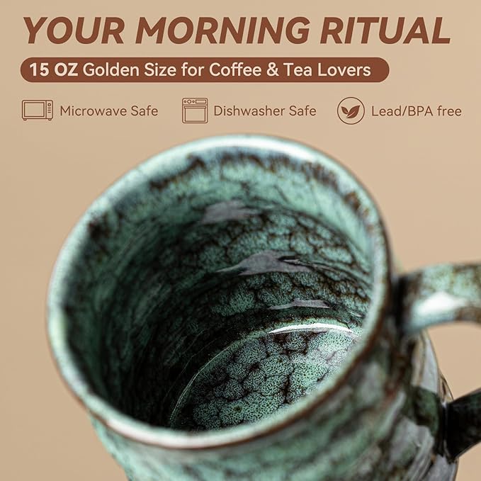 Unique Reactive Glaze Ceramic Coffee Mug - 15 oz Large Coffee Cup with Ergonomic Large Handle, Forest Green Ceramic Mug for Office & Home, Great Birthday Gift for Women, Men & Friends