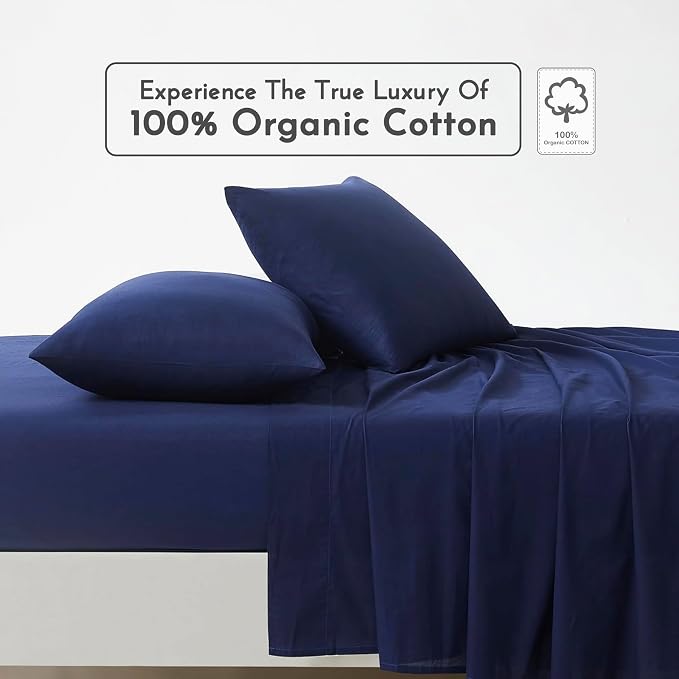 Linen Closet 100% Organic Cotton Queen Sheets Set, 4 Pieces, Navy - Percale Bed Sheets & Pillowcases Set - Up To 16" Deep Pocket Fitted Sheet - Cooling, Crisp & Breathable - For Hot Sleepers