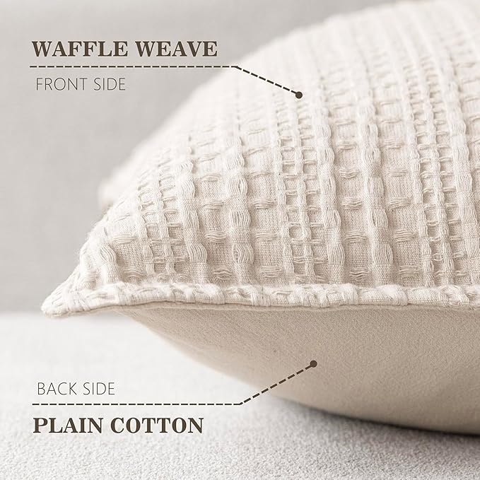 Foindtower Set of 2 Decorative Cotton Waffle Weave Throw Pillow Covers Euro Shams Cushion Covers Accent European Pillowcase for Bed Couch Sofa Bedroom Living Room Home Decor 20×20 Inch Natural Ivory