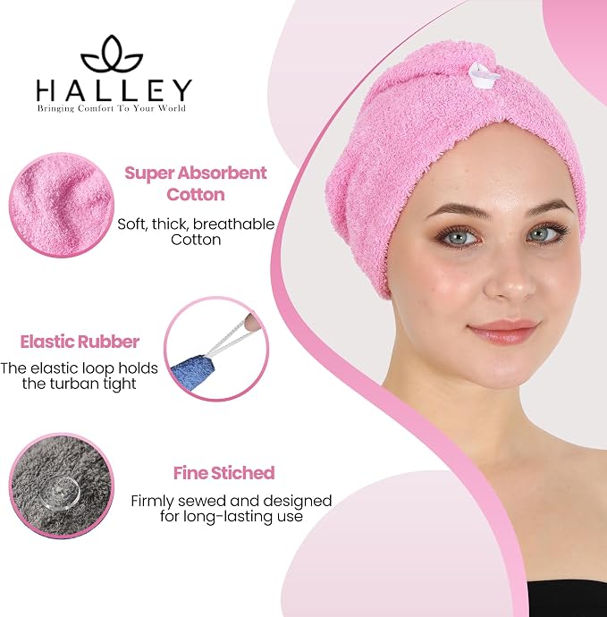 HALLEY Cotton Hair Towel Wrap (3 Packs) Super Absorbent Fast Drying Hair Towel for Thick Hair Turbans for Wet Hair with Button (Pink, Blue, Grey)