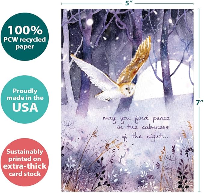 Tree-Free Greetings - Winter Solstice Greeting Card - Artful Designs - 1 Card + Matching Envelope - Made in USA - 100% Recycled Paper - 5"x7" - Owl Calmness (GO68828)