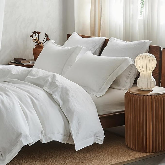 Simple&Opulence 100% Washed Linen Duvet Cover Set with Embroidered, 3 Pieces Soft Farmhouse Comforter Set with Button Closure,1 Duvet Cover and 2 Pillowshams(King,White)