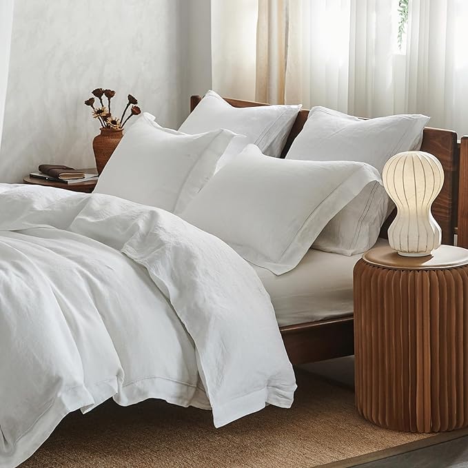 Simple&Opulence 100% Washed Linen Duvet Cover with Embroidered, 2 Pieces Soft Farmhouse Comforter Set with Button Closure,1 Duvet Cover and 1 Pillowsham(Twin,White)